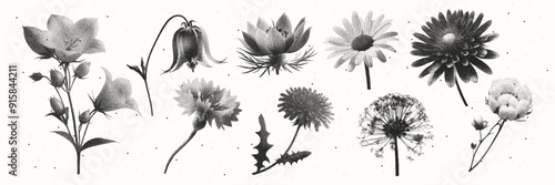Flower, herbarium, chamomile, bell, dandelion are made in retro photocopy style. The effect of grain and dotted lines. Modern vector illustration of dried wildflowers.