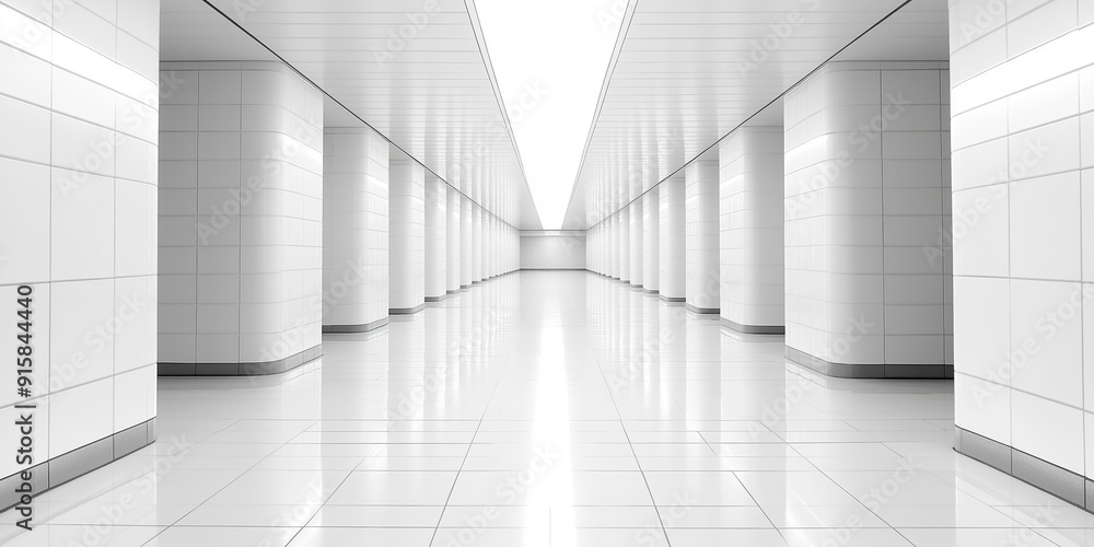 Fototapeta premium A spacious, modern corridor featuring white tiled walls and floors, illuminated by bright overhead lighting