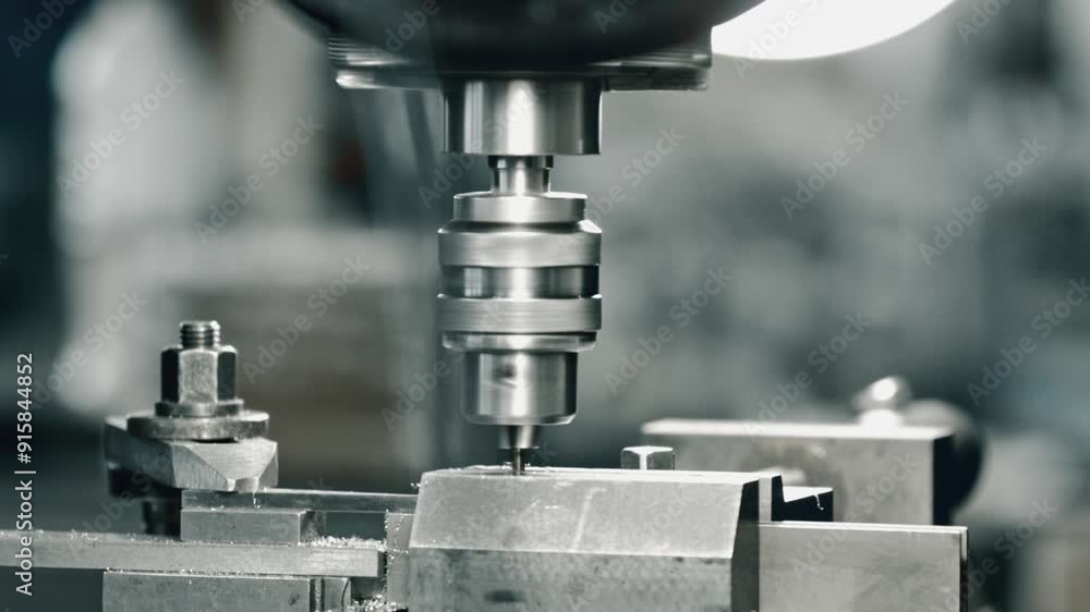 Close-up of a vertical cnc milling machine drilling into a metal block, showcasing precise machining processes. Ideal for industrial, manufacturing, and engineering themes Close-up of a vertical cnc milling machine drilling into a metal block, showcasing precise machining processes. Ideal for industrial, manufacturing, and engineering themes