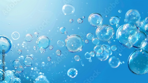 Close up of water bubbles on blue background. Abstract blue fresh hygiene template. Luxury cosmetics body care and clean energy. Concept shot of transparent elegant vitality serum air bubbles