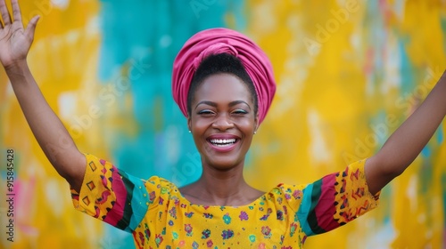 Joyful Woman Celebrating Against Vibrant Abstract Background