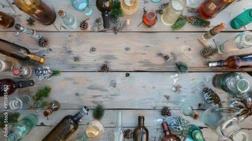 Antique glass bottles on farmhouse table with hygge winter theme photo