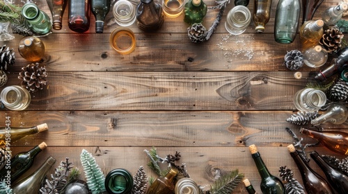 Antique glass bottles on farmhouse table with hygge winter theme photo