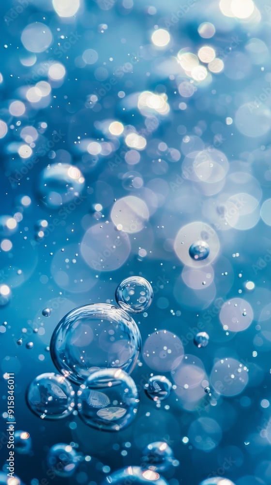Close up of water bubbles on blue background. Abstract blue fresh hygiene template. Luxury cosmetics body care and clean energy. Concept shot of transparent elegant vitality serum air bubbles Close up of water bubbles on blue background. Abstract blue fresh hygiene template. Luxury cosmetics body care and clean energy. Concept shot of transparent elegant vitality serum air bubbles