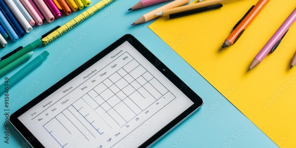 A tablet mockup displaying a school timetable, surrounded by stationery on a plain background A tablet mockup displaying a school timetable, surrounded by stationery on a plain background