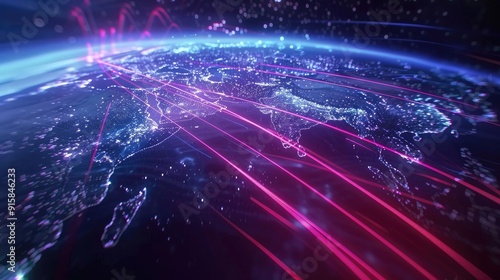 Futuristic technology connecting the world through cyber space and virtual networks via optic fiber cables