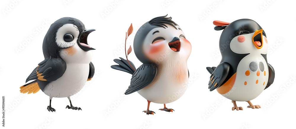 Fototapeta premium Cute Cartoon Bird Character PNG Set - Singing Bird, Happy Bird, Laughing Bird, Bird Illustration, Bird Clipart, Digital Download, Commercial Use.