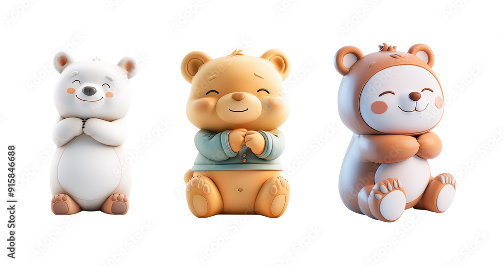 Fototapeta premium Cute Cartoon Teddy Bear Set PNG Transparent Background, White Bear, Brown Bear With Shirt, Brown Sitting Bear, Baby Nursery Decor Illustration Clip Art, Commercial Use