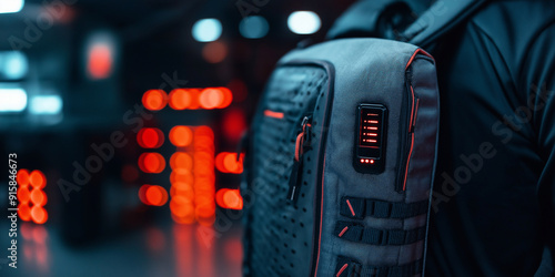 A close-up of a high-tech backpack with built-in charging ports and storage photo