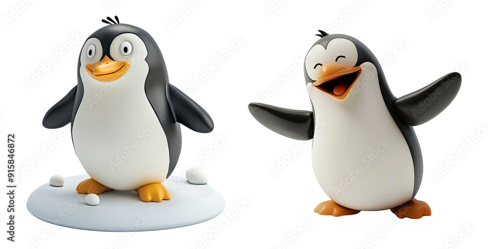 Obraz premium Cute Cartoon Penguin Transparent Background PNG Set, Happy Waving Smiling Flightless Bird Digital Illustration Clip Art, Winter Christmas Arctic Antarctic Animal Design Element Image File Collection