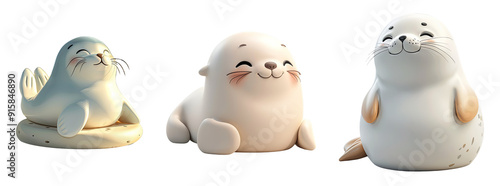 Cute Kawai 3d Cartoon Baby Seal Sitting Poses PNG Set - Adorable White Harp Seal with Brown Spots, Smiling, Ocean Animal, Wildlife, Marine Mammal, 3D Rendered Illustration, Transparent Background