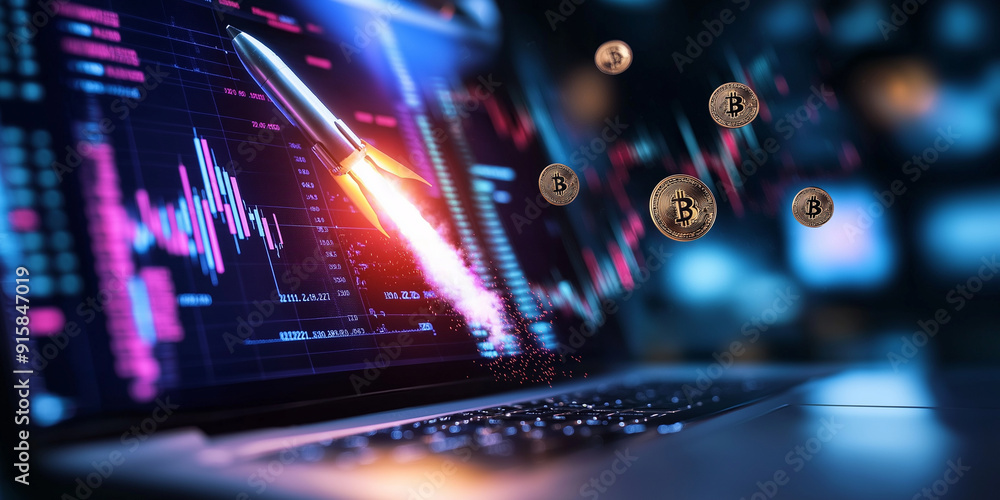 A vibrant scene of a rocket shooting up from a laptop, with financial charts and crypto coins hovering around A vibrant scene of a rocket shooting up from a laptop, with financial charts and crypto coins hovering around