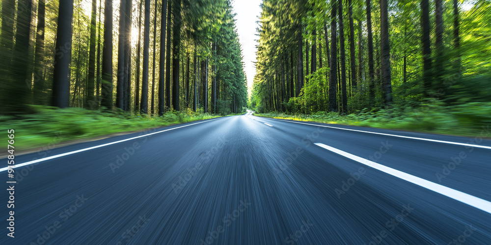 Obraz premium A truck speeding down a long, straight road through a dense forest, with tall trees lining both sides of the road