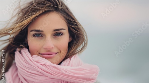 Young Woman Smiling in Pink Scarf Against Snowy Winter Landscape