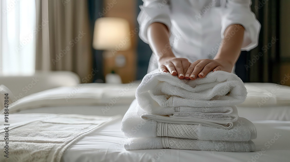 Fototapeta premium A person in a white shirt is folding towels on a bed. The person's hands are visible, and the towels are folded neatly on top of each other. The bed is white and has a pillow on it.