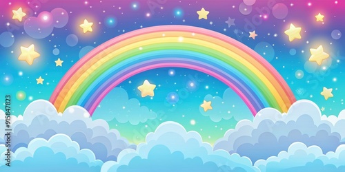 Colorful and dreamy kawaii sky background with rainbows, stars, and clouds, Kawaii, colorful, sky, rainbow, stars, clouds