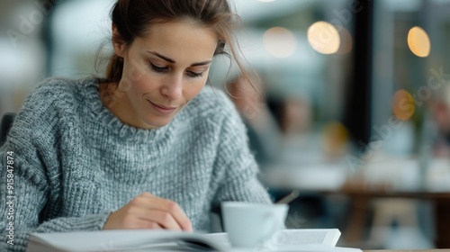 Woman Reading a Book in a Cozy Cafe on a Relaxing Afternoon