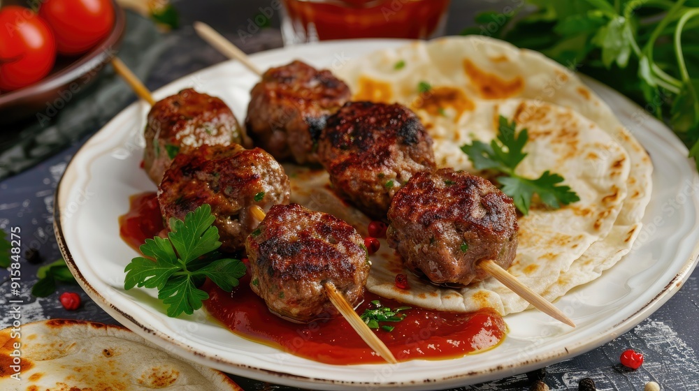 Appetizing kofta kebab (meatballs) with sauce and tortillas tacos on a white plate