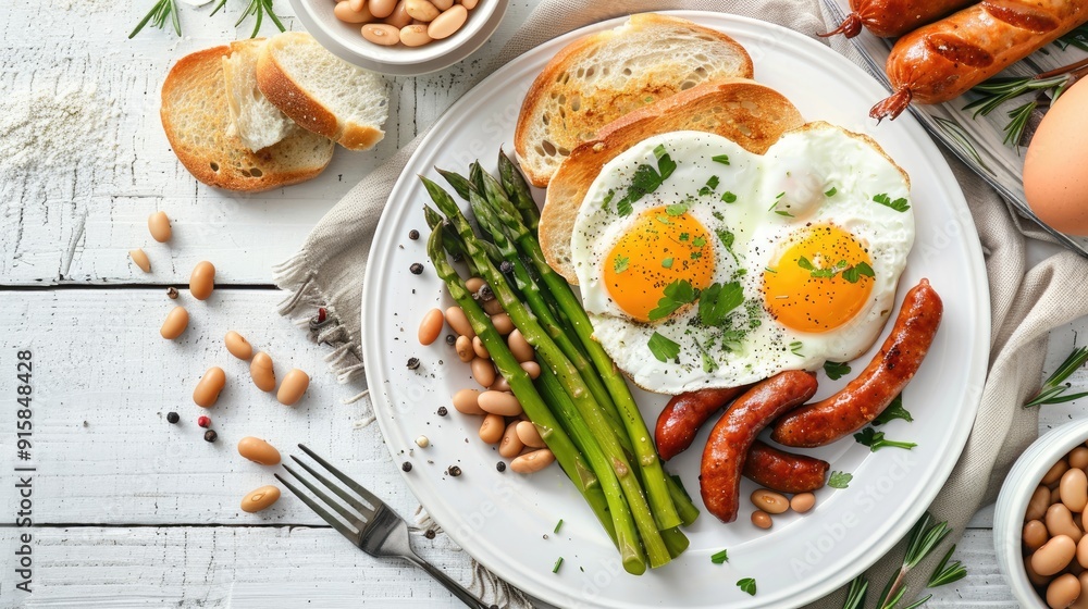 Keto breakfast. Breakfast. Fried eggs, bread toast, green asparagus, beans and sausage on white plate. Top view, flat lay Keto breakfast. Breakfast. Fried eggs, bread toast, green asparagus, beans and sausage on white plate. Top view, flat lay