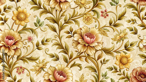 Traditional vintage-inspired floral pattern with ornate gold accents and soft cream background, evoking a sense of timeless elegance and sophistication in interior design.