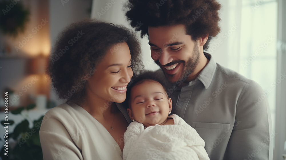 A joyful family portrait featuring parents with their smiling baby.