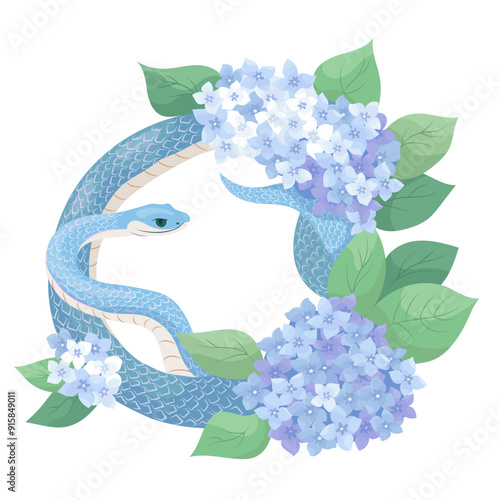 Snake with summer inflorescences hydrangea Vector illustration template for 2025 Year of Snake Flowers composition with symbol of the Chinese new year. Typography for print on tee, card, flyer, banner