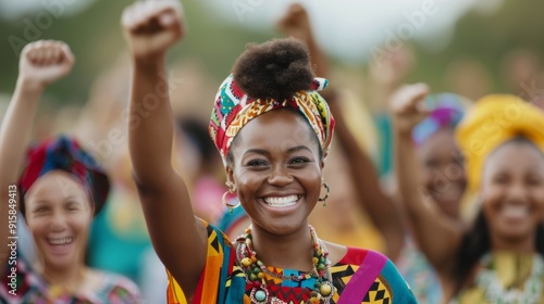 Joyful Woman Celebrating Against Vibrant Abstract Background