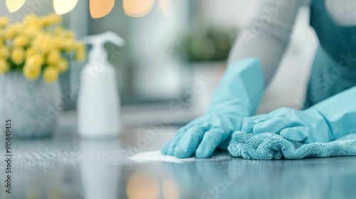 Person Cleaning Kitchen Counter With Blue Gloves and Cloth in Brightly Lit Space