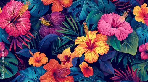 Hibiscus and Orchids in a Bold, Vibrant Tropical Setting 