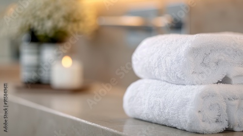Neatly Rolled White Towels on a Bathroom Counter in a Modern Interior Setting