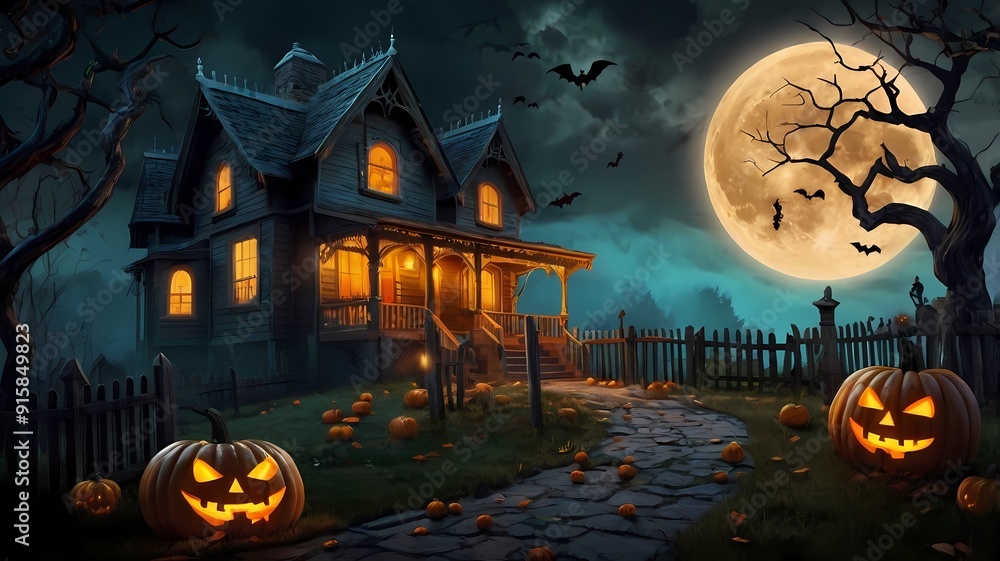 Fototapeta premium an enchanting Halloween scene with a haunted house on a hill, glowing jack-o'-lanterns, twisted trees, playful ghosts, a full moon, a witch on a broomstick, and eerie yet vibrant colors