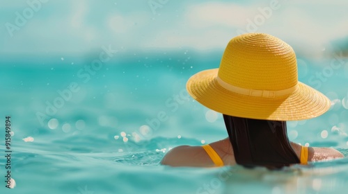 Young Woman Swimming in Pool With Yellow Swim Cap on a Sunny Day