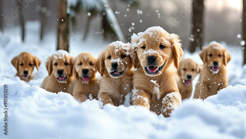 A litter of golden retriever puppies playing in the snow. Their heads pop out of the snow, covered in