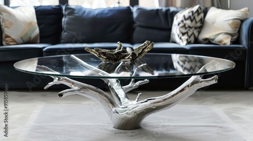 A glass coffee table with a silver tree-like base sits in front of a dark blue couch. The table has a wooden bowl-shaped object on top of it. The table is positioned on a white carpet.