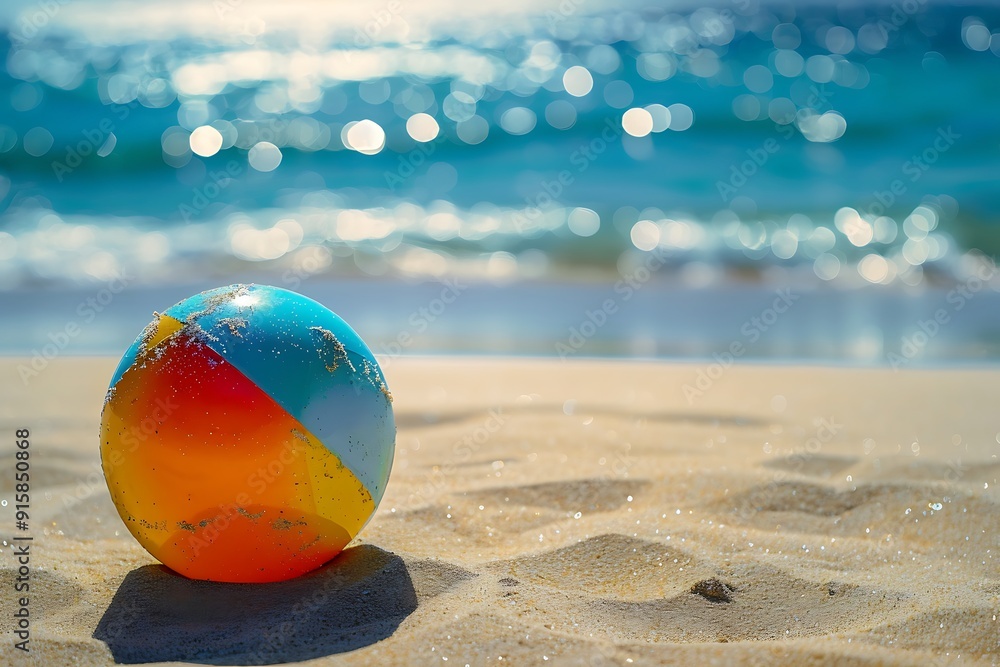 A vibrant beach ball rolling on the sand, clear blue ocean backdrop, sunny day, shadows cast by the ball, bright and colorful scene, high clarity, dynamic composition A vibrant beach ball rolling on the sand, clear blue ocean backdrop, sunny day, shadows cast by the ball, bright and colorful scene, high clarity, dynamic composition