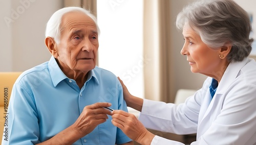 Geriatrician assessing elderly patients cognitive f photo