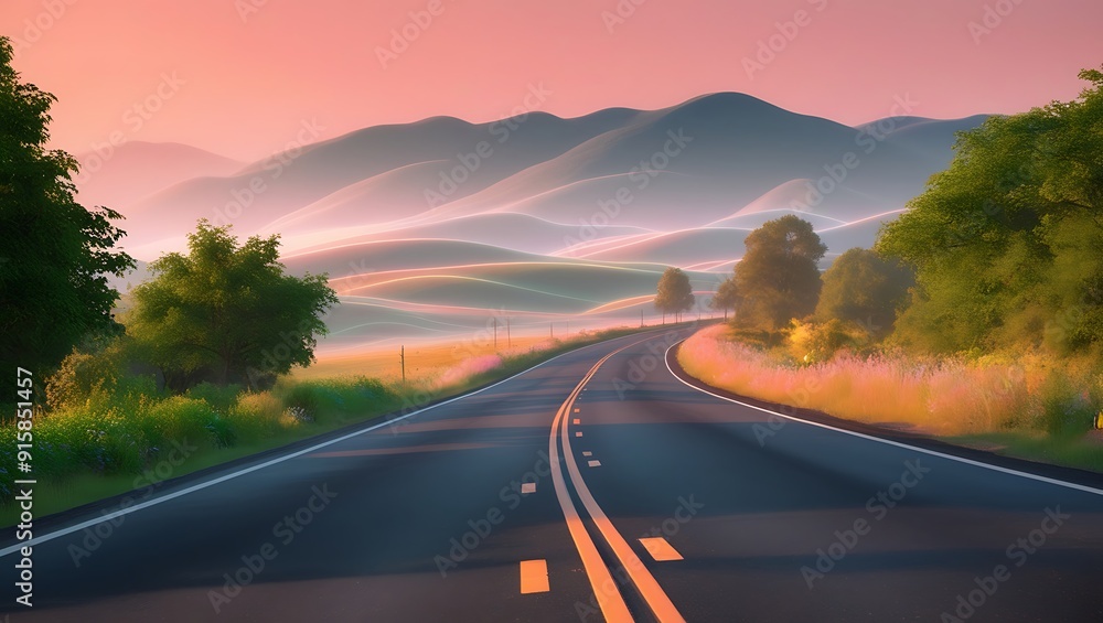 highway road and mountain natural scenery at sunrise. panoramic view. highway road and mountain natural scenery at sunrise. panoramic view.