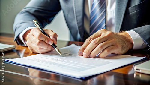 A close-up of a person's hands altering a document with a fake signature and fabricated details, surrounded by forgery tools and papers.