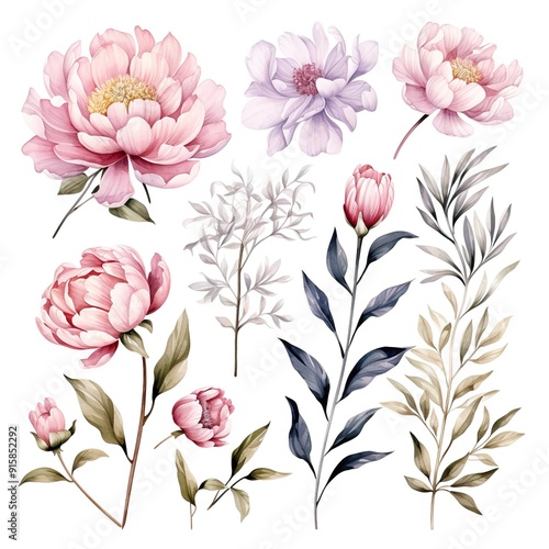 Watercolor floral elements - pink peonies, leaves and branches, isolated on white.
