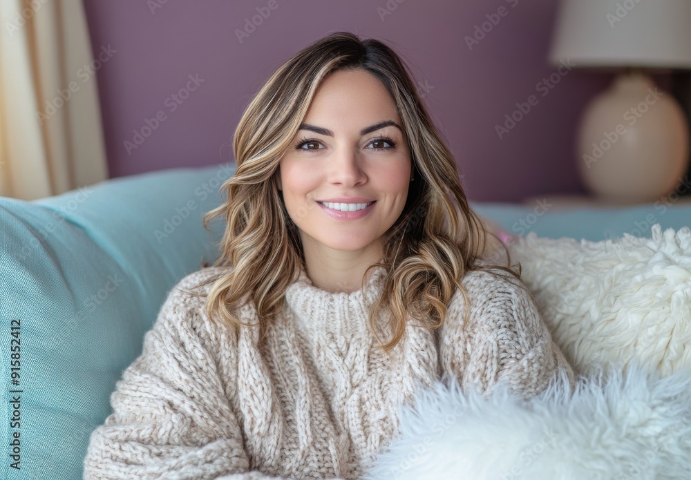 beautiful woman in her thirties wearing an oversized sweater sitting on the couch beautiful woman in her thirties wearing an oversized sweater sitting on the couch