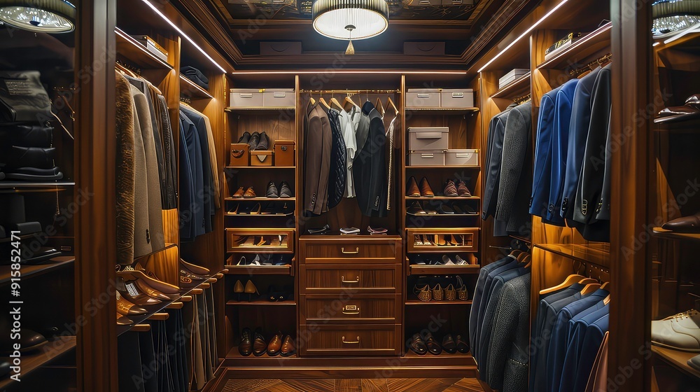 A well-organized walk-in closet with wooden shelves and drawers, showcasing a collection of suits and shoes. A well-organized walk-in closet with wooden shelves and drawers, showcasing a collection of suits and shoes.