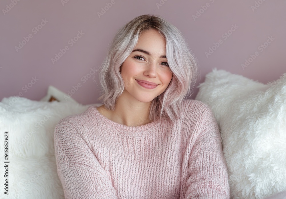 beautiful woman in her thirties wearing an oversized sweater sitting on the couch