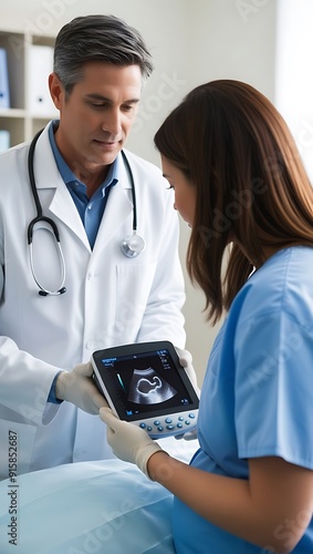 Obgyn performing ultrasound on a pregnant patient photo