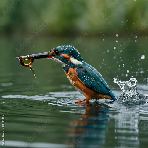 Make an image of a kingfisher bird diving towards ai photo