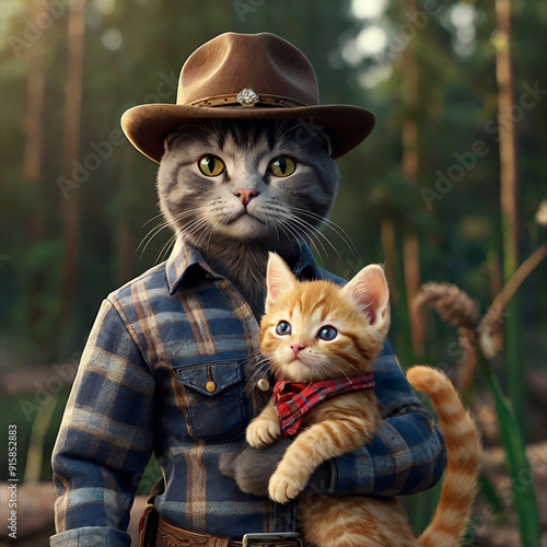 A dark gray Minecon cat dressed as a cowboy ai photo