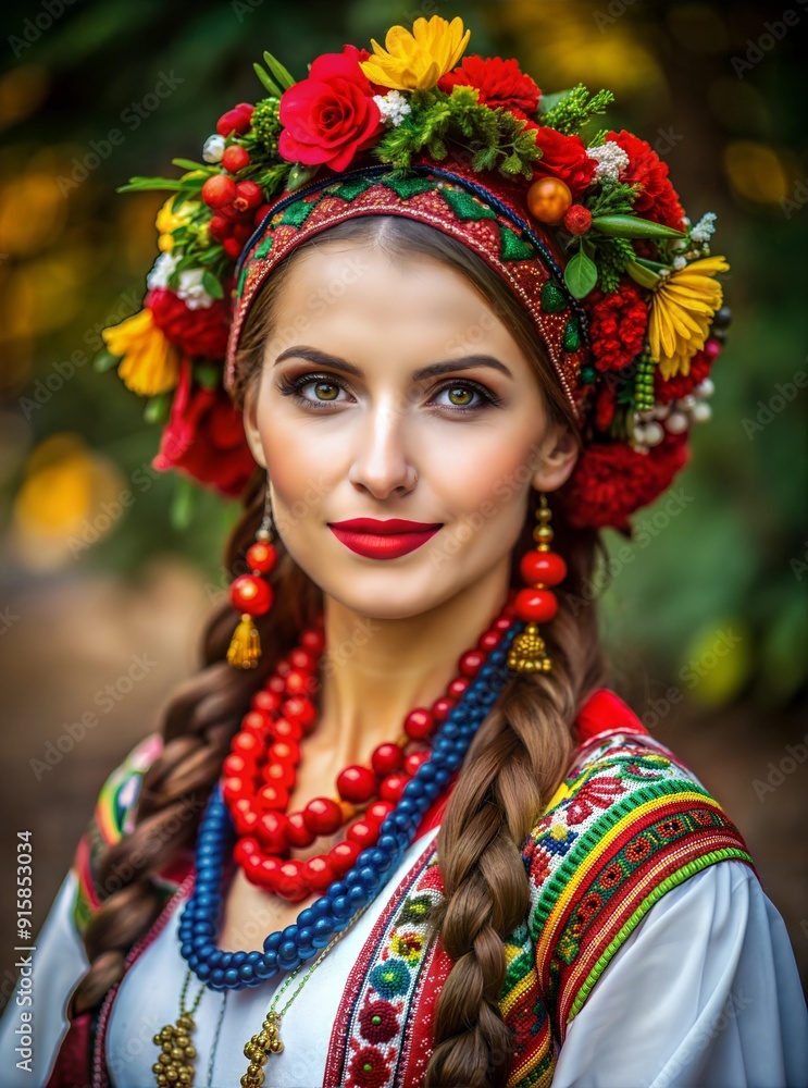 Traditional Ukrainian woman in colorful folk attire with floral crown, adorned with red and blue beads, posing outdoors during daylight. Generative AI Traditional Ukrainian woman in colorful folk attire with floral crown, adorned with red and blue beads, posing outdoors during daylight. Generative AI