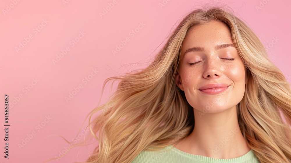Fototapeta premium Close-up portrait of a blonde woman with flowing hair, eyes closed, smiling peacefully against a pink background.