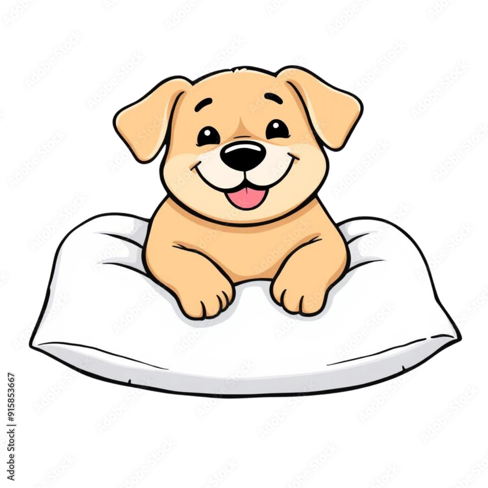 Fototapeta premium Coloring page outline of cartoon smiling cute little dog on pillow at night on an Isolated transparent background. generated with AI