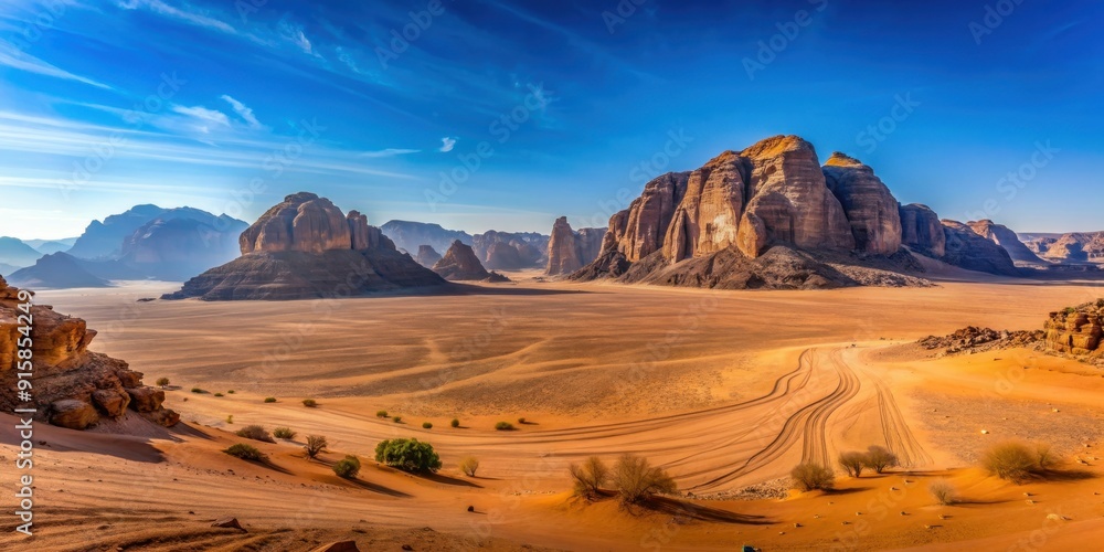 Fototapeta premium Desert landscape of Wadi Rum in Jordan, Wadi Rum, desert country, Middle East, sand dunes, rocky terrain