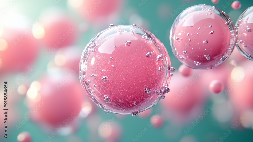 Shiny pink glass blobs of varying sizes against a green background. Shiny pink glass blobs of varying sizes against a green background.